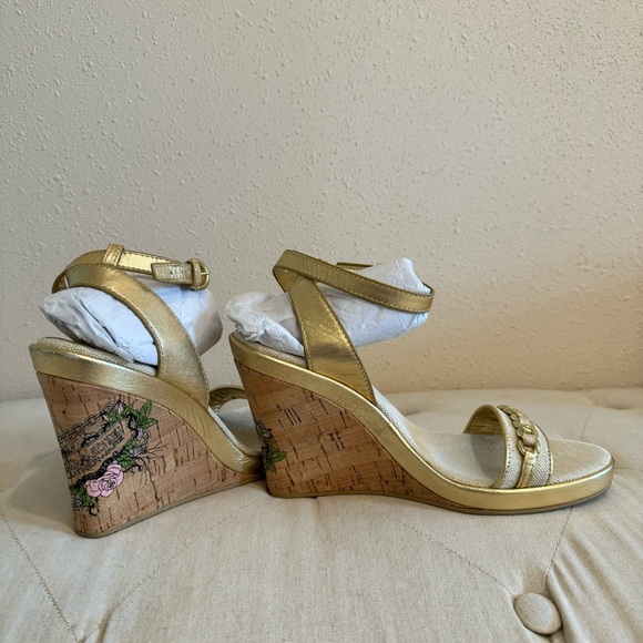COACH Ellete Tatoo Gold Wedge Sandals 9B - Picture 1 of 11
